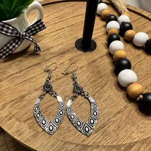 Elegant Silver and Army Green Teardrop Earrings